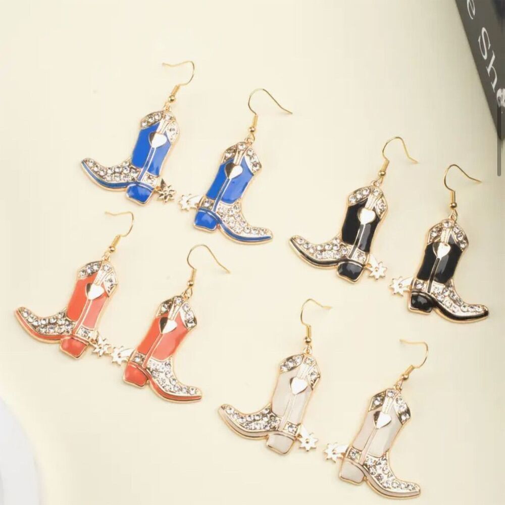 14k Gold Plated Western GOLD Boot Earrings Cowgirl Dangle Rhinestones Rodeo - Picture 5 of 5